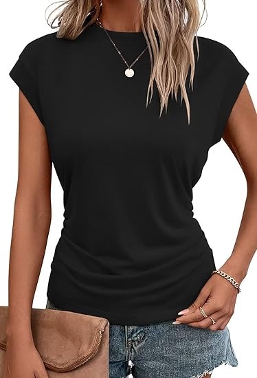 Bliwov Womens Summer Cap Sleeve Tops Business Casual Crewneck T Shirts