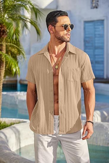 COOFANDY Men's Casual Button Down Shirts Short Sleeve Textured Summer Beach